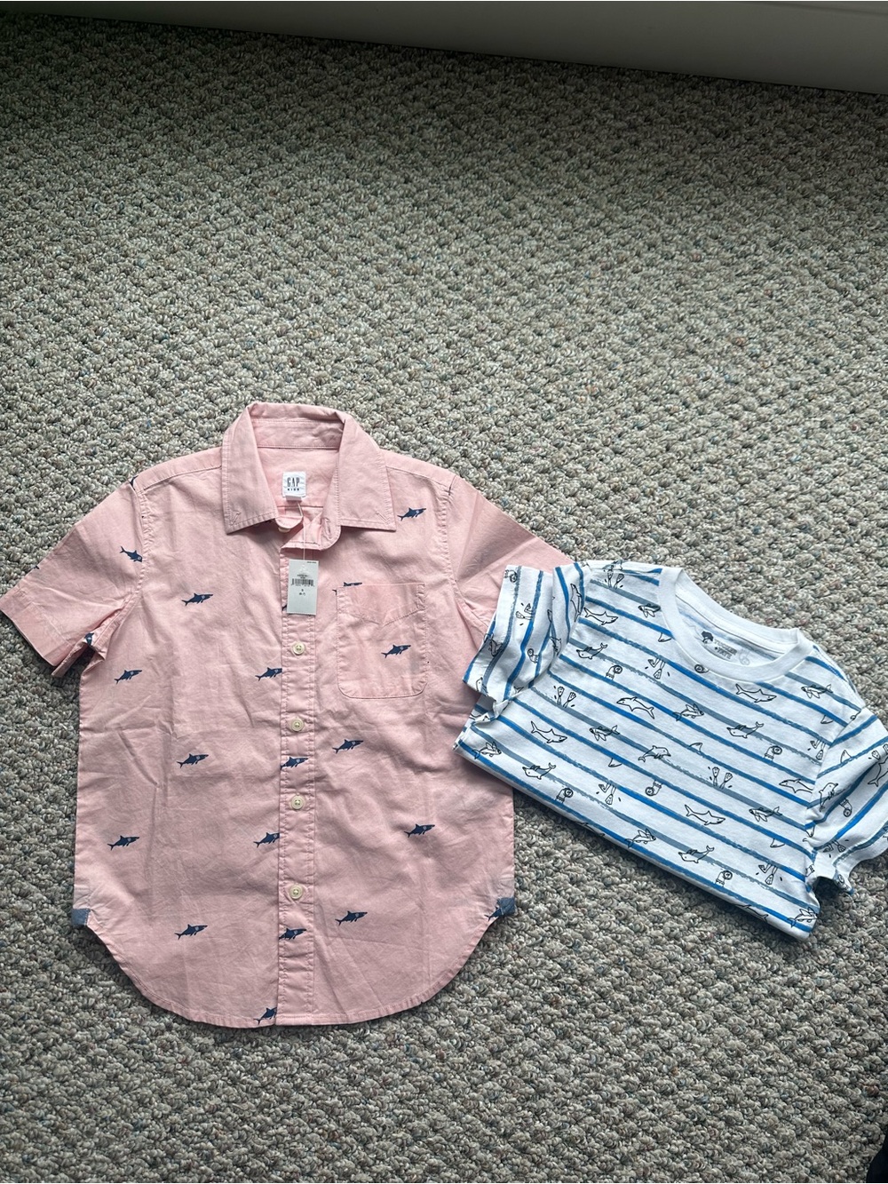 GAP Pink Short-Sleeve Button-Down Shirt with Navy Shark Print
